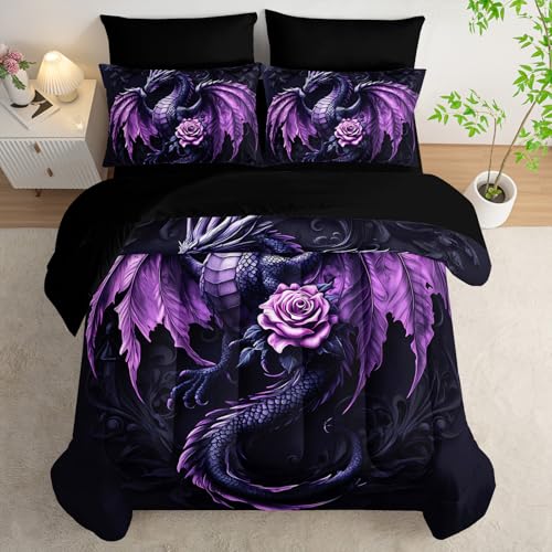A-Dragon Queen Size Fantasy Dragon Comforter Bedding Set with Sheets & Pillowcases - Purple