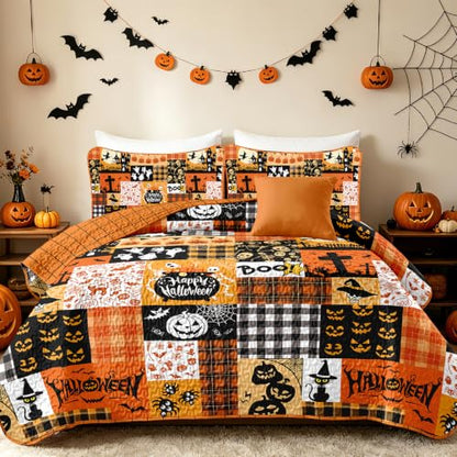 Halloween Quilt Set Queen - Orange Pumpkin Patchwork Bedspread with Witches & Jack-o'-Lanterns