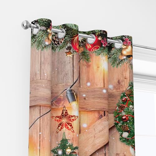 Farmhouse Christmas Blackout Window Curtains Set - Rustic Pine Tree Snowflake Decor, 52x96 Inches, 2 Panels, Variation Christmas-2