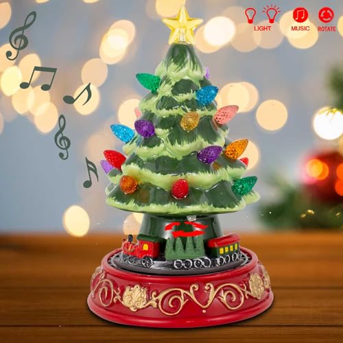 Lighted Ceramic Christmas Tree with Rotating Train - 7.48 Inch Holiday Decor