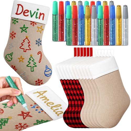 Christmas Stockings with Glitter Pens Set – Red & Black Linen Plus Glitter Glue