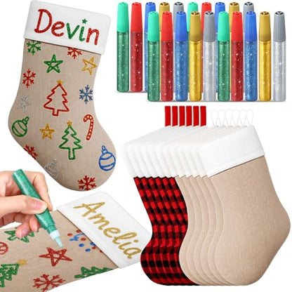 Christmas Stockings with Glitter Pens Set – Red & Black Linen Plus Glitter Glue