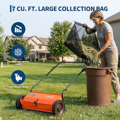 Orange Garvee 26-Inch Push Lawn Sweeper with 7Cu.ft Leaf & Grass Hopper Bag