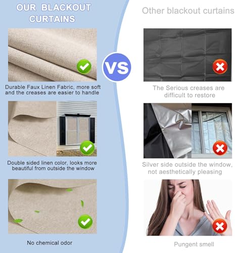 Khaki 78x57 Inch Blackout Linen Curtains for Bedroom No Drill Magnetic Window Cover