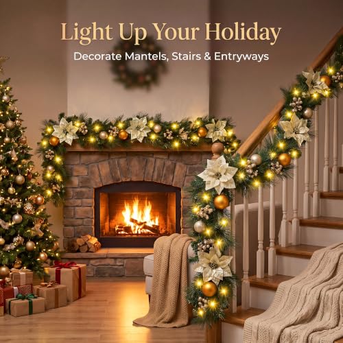 6ft Christmas Garland with Lights - Natural Pine Branches, Berries & Poinsettias - Style3