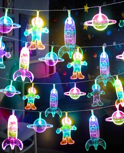 Space String Lights Change Color 50 LED Fairy Lights Battery & USB Powered Astronaut Rocket Planet Decor
