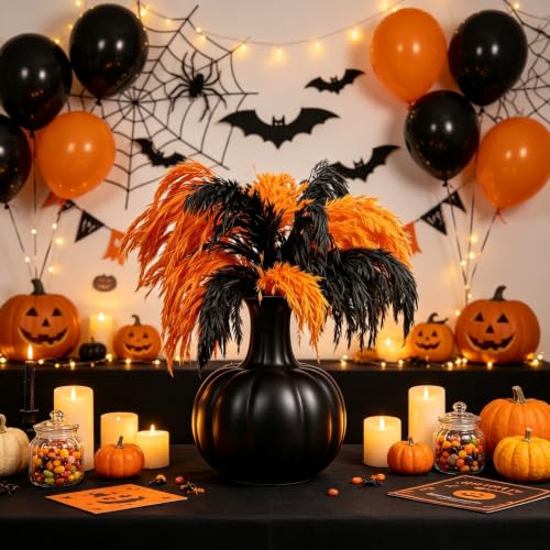 Halloween Black and Orange Pampas Grass for Fall Decor - 17 Inches