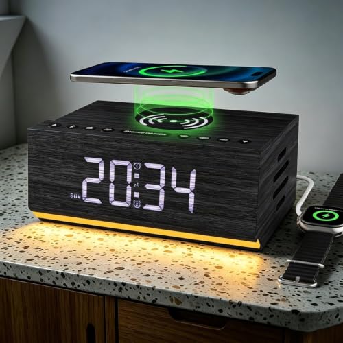 Wooden Digital Alarm Clock with Wireless Charging & Bluetooth Speaker