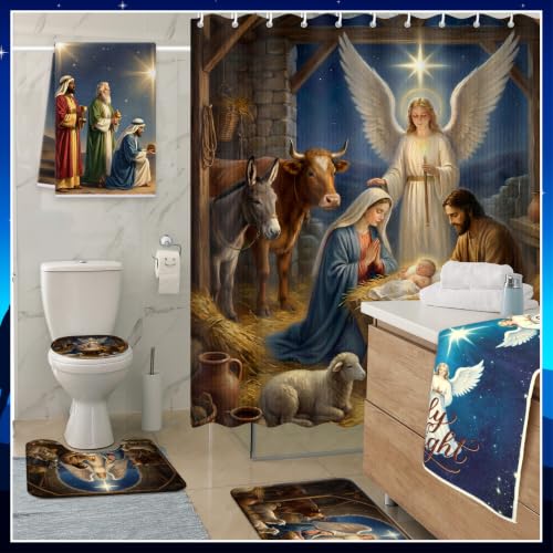 Christmas Nativity Shower Curtain Set with Rug Bathroom Accessories - Angel Design