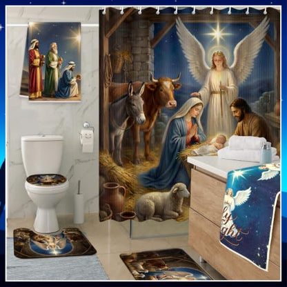 Christmas Nativity Shower Curtain Set with Rug Bathroom Accessories - Angel Design