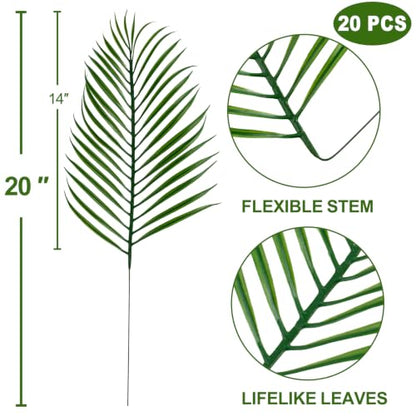 20Pcs Artificial Palm Leaves Faux Palm Fronds for Tropical Party Decor - Green