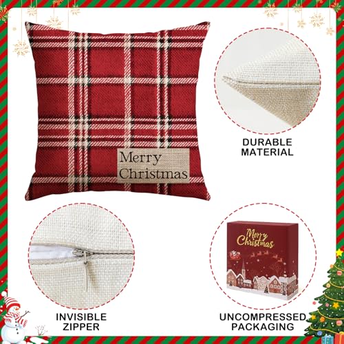 Artscope Christmas Throw Pillow Covers 18x18 Inch Set of 4 Red Scottish Tartan Snowman Reindeer Holiday Decor