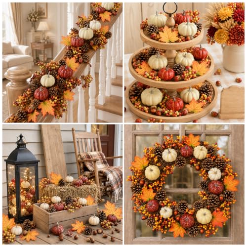 LEBERY Cream Mini Artificial Pumpkin Fall Set with Harvest Decorations