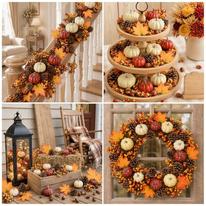 LEBERY Cream Mini Artificial Pumpkin Fall Set with Harvest Decorations