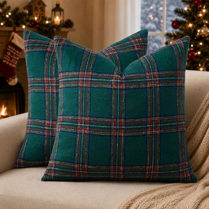 Christmas Plaid Pillow Covers Set - Green 18x18 Inches, Pack of 2