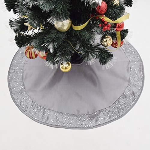 50 Inch Silver Faux Silk Satin Christmas Tree Skirt with Glitter Sequin Border