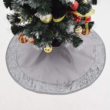 50 Inch Silver Faux Silk Satin Christmas Tree Skirt with Glitter Sequin Border