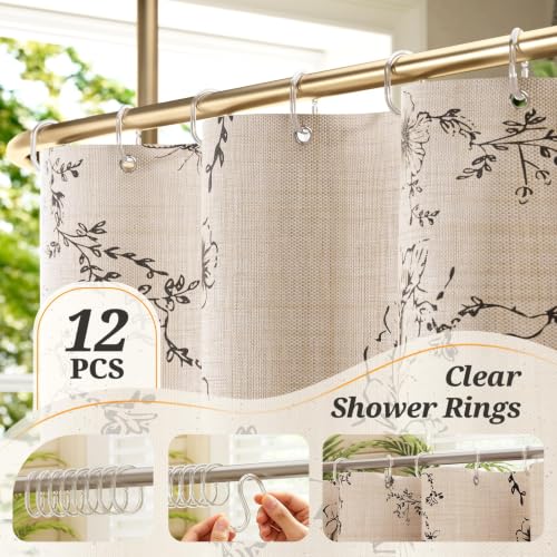 Vintage Black Floral Shower Curtain 72x72 Inches with 12 Clear Hooks - Boho Farmhouse Style