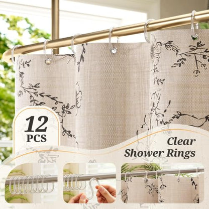 Vintage Black Floral Shower Curtain 72x72 Inches with 12 Clear Hooks - Boho Farmhouse Style