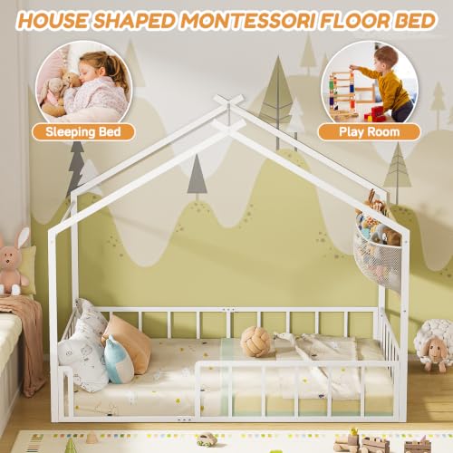 Timy Metal House Bed Frame Full Kids Floor Bed with Plushie Storage Net - White