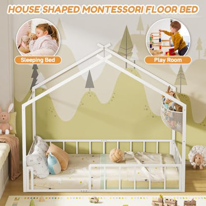 Timy Metal House Bed Frame Full Kids Floor Bed with Plushie Storage Net - White