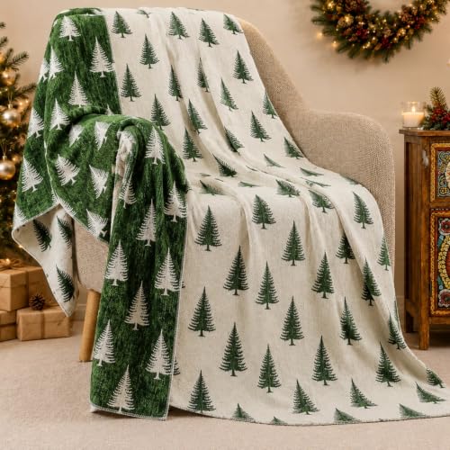 Green Christmas Tree Chenille Throw Blanket 50x60 - Reversible Holiday Decor