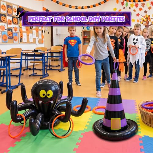 Halloween Ring Toss Game Set with Inflatable Spider & Witch Hat - 2 Pack Indoor Outdoor Party Fun