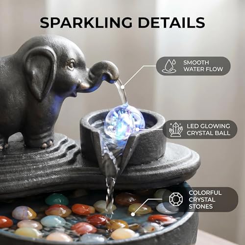 Ceramic Elephant Water Fountain with LED Light and Crystal Accents - Small Indoor Decor