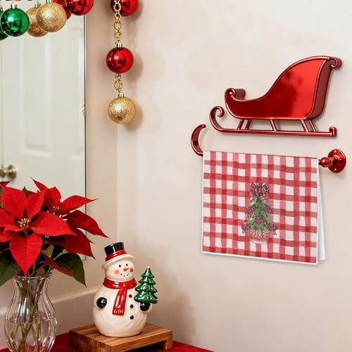 Chinoiserie Christmas Kitchen Towels - Red Buffalo Plaid Bow Holiday Dish Hand Towel, 16x24 Inches, Seasonal Home Decor