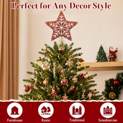 Gingerbread Star Christmas Tree Topper - Felt Embroidered Snowflake Design, Brown Felt, Spring Base