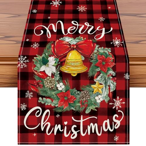 Artscope Buffalo Plaid Red Wreath Table Runner - Christmas Holiday Decor 13x120 Inch