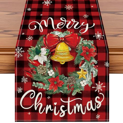 Artscope Buffalo Plaid Red Wreath Table Runner - Christmas Holiday Decor 13x120 Inch
