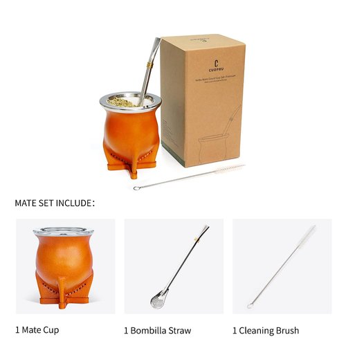 Argentina Yerba Mate Cup With Ceramic liner Straw Tea Gourd Mug One Bombilla Mate a Cleaning Brush (brown)