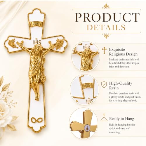 Catholic Wedding Wall Crucifix 7.9 Inch in White & Gold, Religious Wall Decor