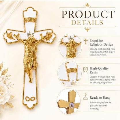 Catholic Wedding Wall Crucifix 7.9 Inch in White & Gold, Religious Wall Decor