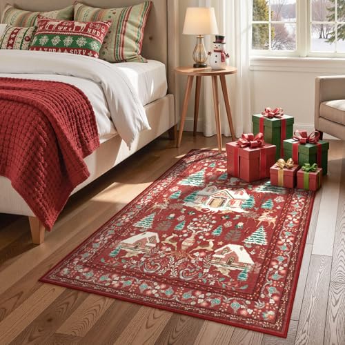 4x6 Christmas Area Rug with No-Slip Backing - Red Boho Holiday Rug for Living Room and Bedroom