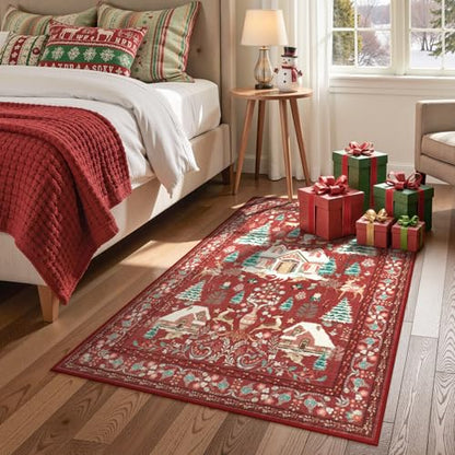 4x6 Christmas Area Rug with No-Slip Backing - Red Boho Holiday Rug for Living Room and Bedroom