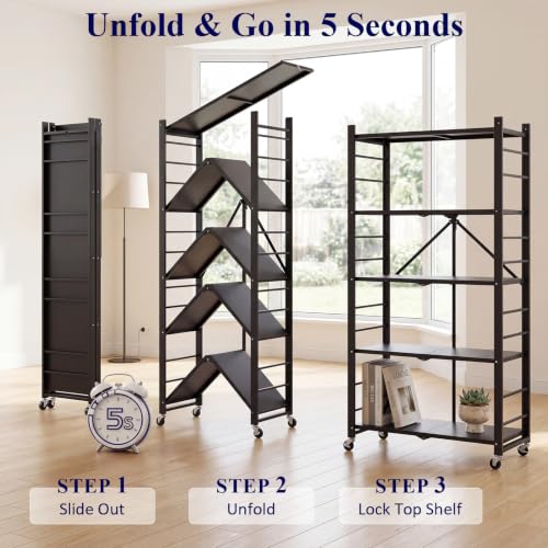 Black 18% Thickened 5-Tier Foldable Storage Shelves with Wheels - Heavy Duty Metal Organizer