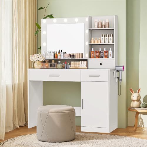 Makeup Vanity Desk with Adjustable LED Lights & Mirror, White