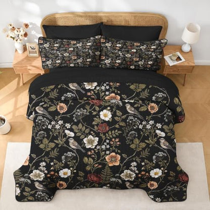 King Quilt Set with Pillowcases and Shams - Floral Bird Bedding 7 Pieces