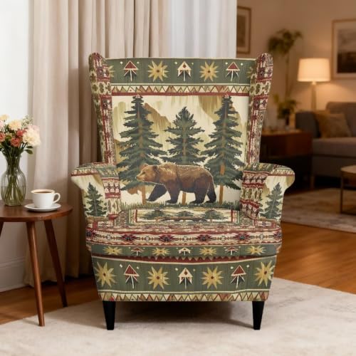 Wild Bear Pine Wingback Chair Cover - Rustic Retro Stretch Armchair Slipcover