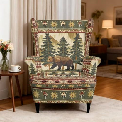 Wild Bear Pine Wingback Chair Cover - Rustic Retro Stretch Armchair Slipcover