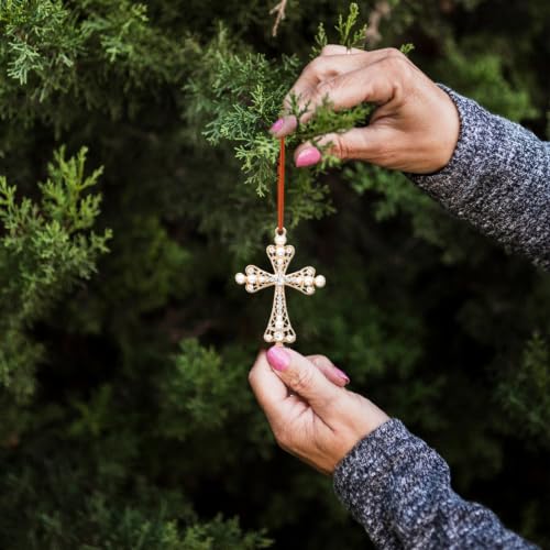 Cross2 Christian Christmas Metal Ornament with Rhinestones - Holiday Keepsake, Red Ribbon Gift Box