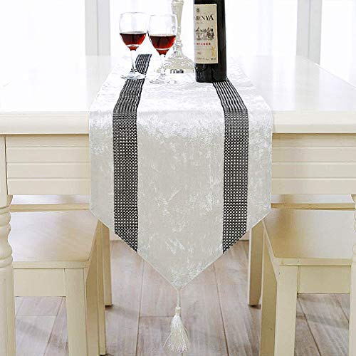 Cream White 13x98 Inch Sequin Rhinestone Table Runner with Tassels - Handmade
