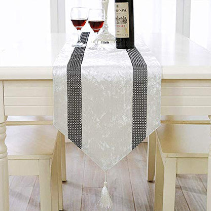 Cream White 13x98 Inch Sequin Rhinestone Table Runner with Tassels - Handmade