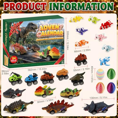 Christmas Dinosaur Advent Calendar with Pull-Back Dino Cars for Kids, 24 Surprises
