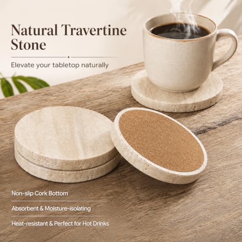 4 Pack 4-Inch Travertine Marble Coasters with Non-Slip Cork Backing