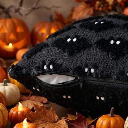 Halloween Pillow Covers 18x18 Inch - Black Bat Embroidery, Pack of 2 - Variation: Black1