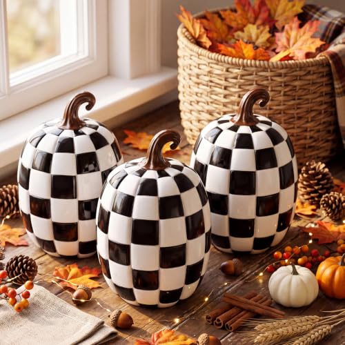 Black and White Checkered Pumpkins Set of 3 - Halloween Fall Decor