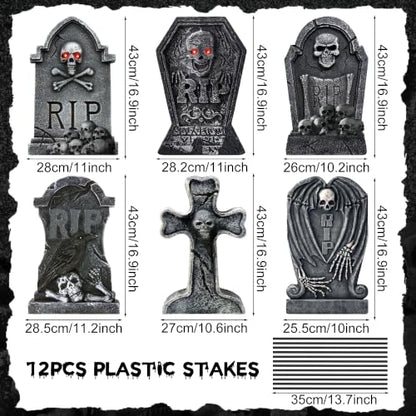 Halloween Graveyard Tombstone Decorations Set of 6 with Stakes - 17 Inch Outdoor Yard Signs for Halloween Party & Lawn Decor